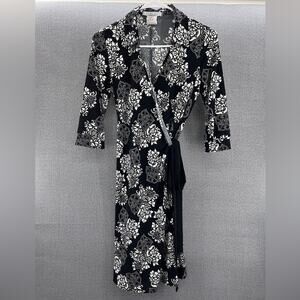 Vintage La Belle Black/White M Floral Midi Wrap Dress‎ 2/3 Sleeves Made In USA